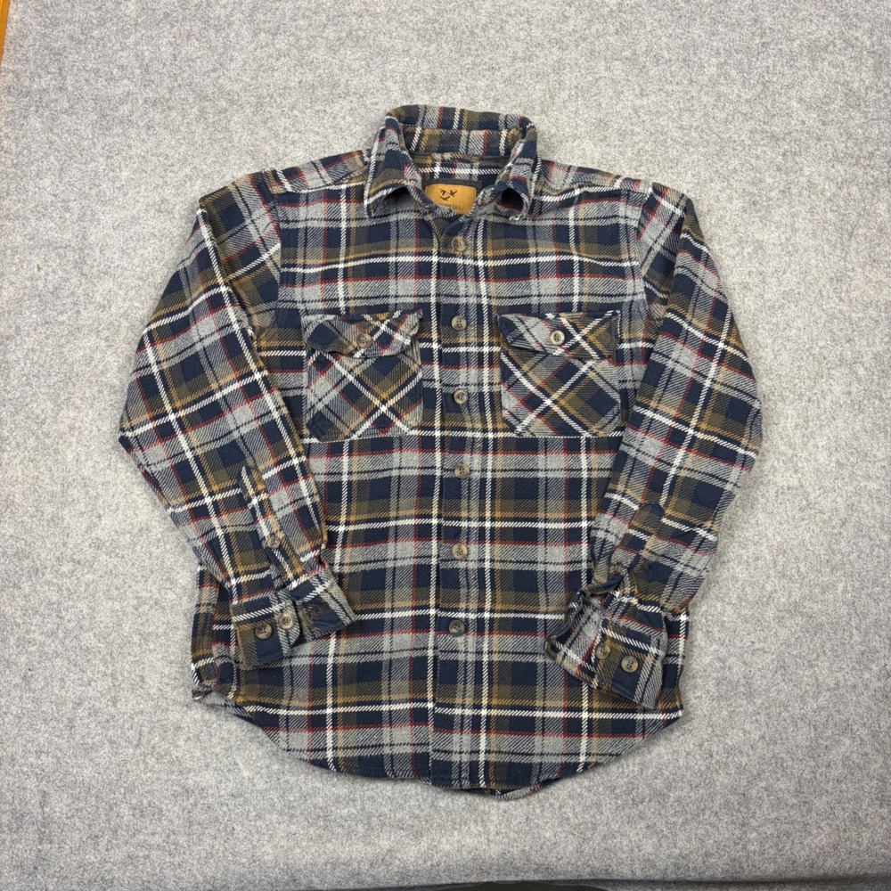 Outdoor Life Mens Plaid Flannel Button Down Shirt Navy Blue Grey Small